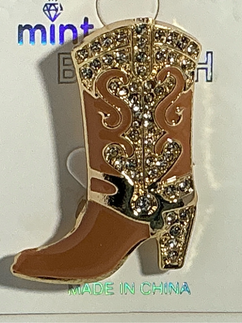 Rhinestone Cowboy Boot Pin - Tan & Gold
